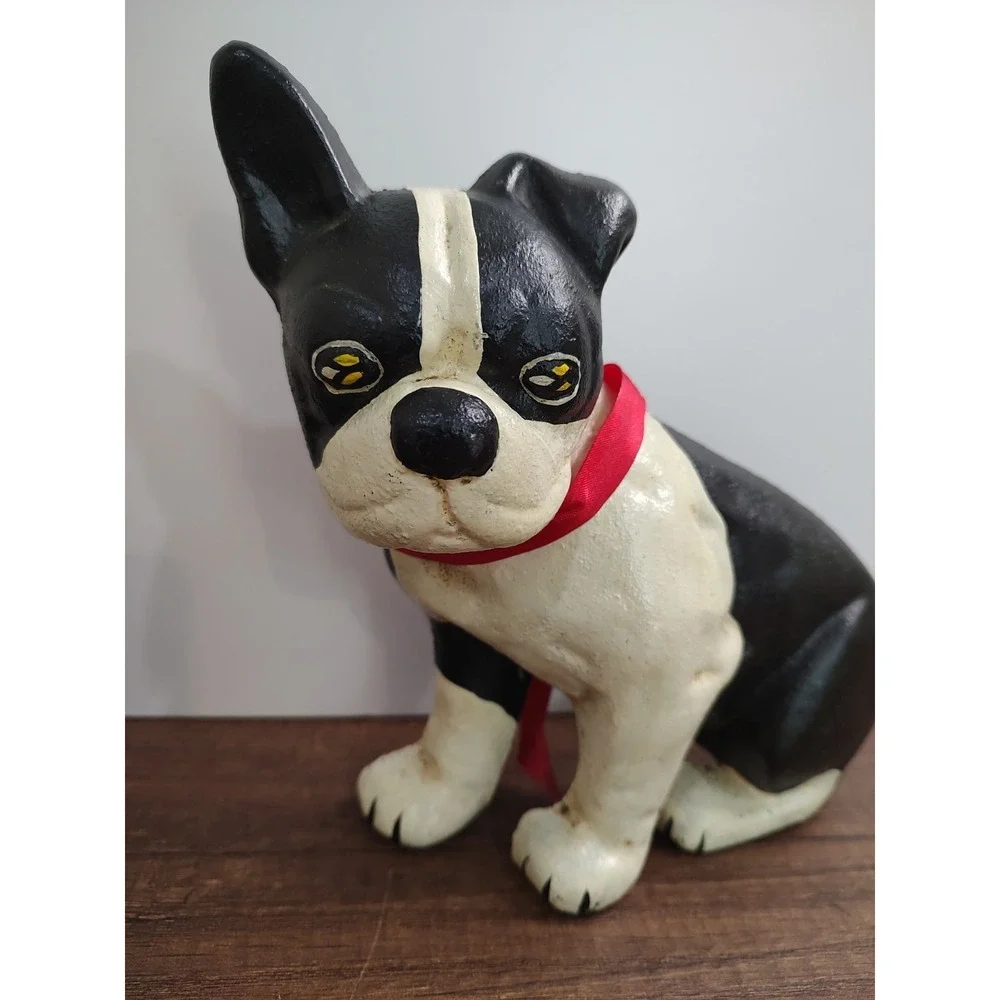 Vintage Cast Iron Boston Terrier One Sided Black And White Dog Door Stop